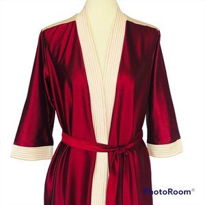 Vintage 1980s Bonnie Satin Robe Dressing Gown Burgundy Cream Women Size Medium